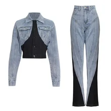 

SaintDaisy 2 Piece Set Women Pant Jacket Suits Denim Blue Ladies Punk Patchwork Plus Size Business Casual Jeans 4992 Spliced