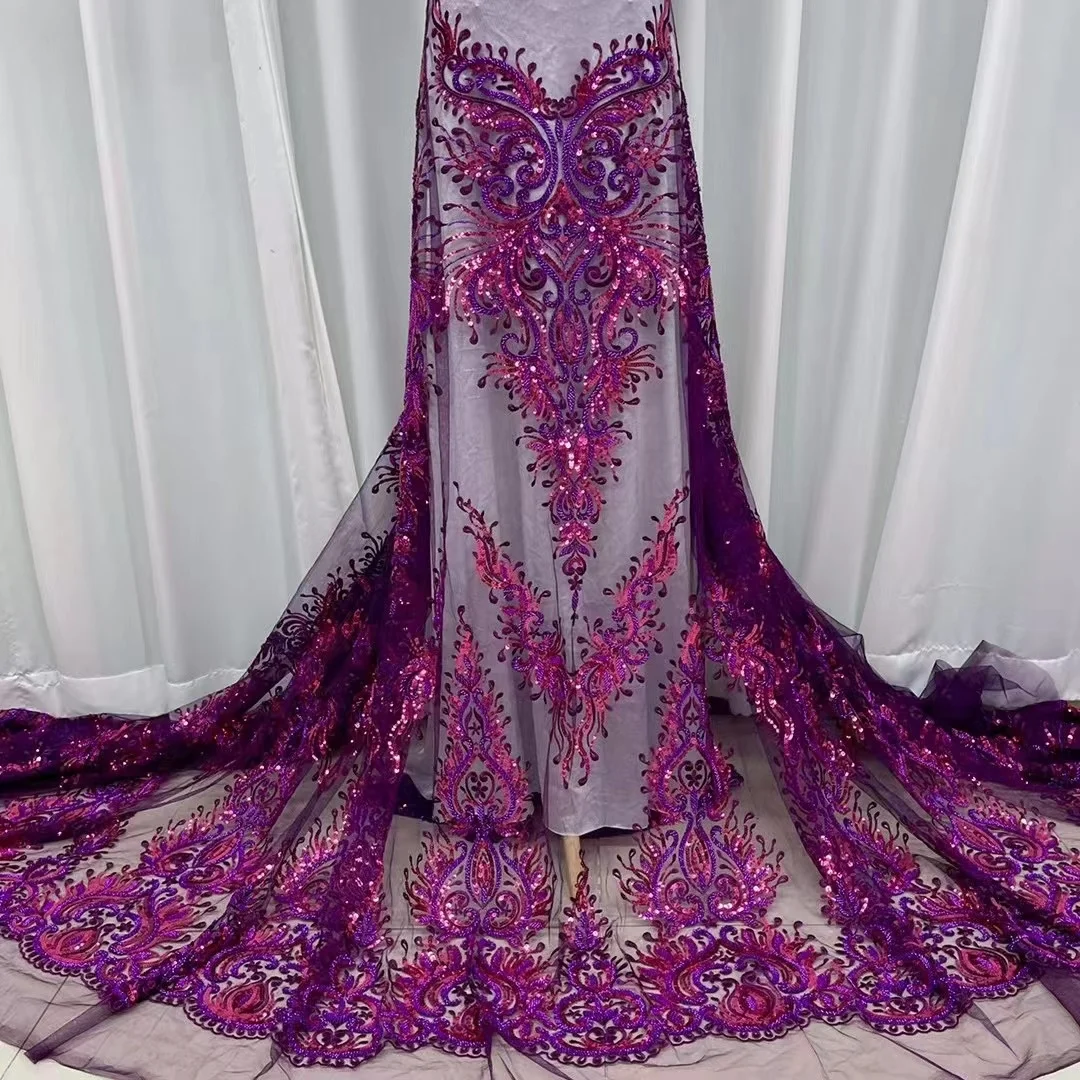 

Luxurious French High -End Beaded Lace Fabric 2023 Royal Latest African With Sequins Fabric For Wedding Dress Sewing