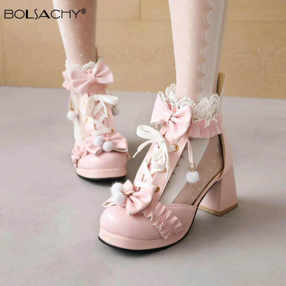 

2022 Ladies Heels Platform Cute Bow Lace Princess Mary Jane Lolita Shoes Party High Heel Buckle Zip Women Pumps Pink White Black