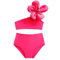Baby Girls Swimwears Summer Bikini Set with Big Flower Kids Cute Solid Toddler Learn Swimming Suits Two-Piece Sunbeach Swimsuit 4