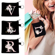 

Women Coin Wallet Bag with Pink 26 Letters Flowers Zipper Small Purse Money Key Earphone Mini Coin Purse Fashion Clutch Bags Men