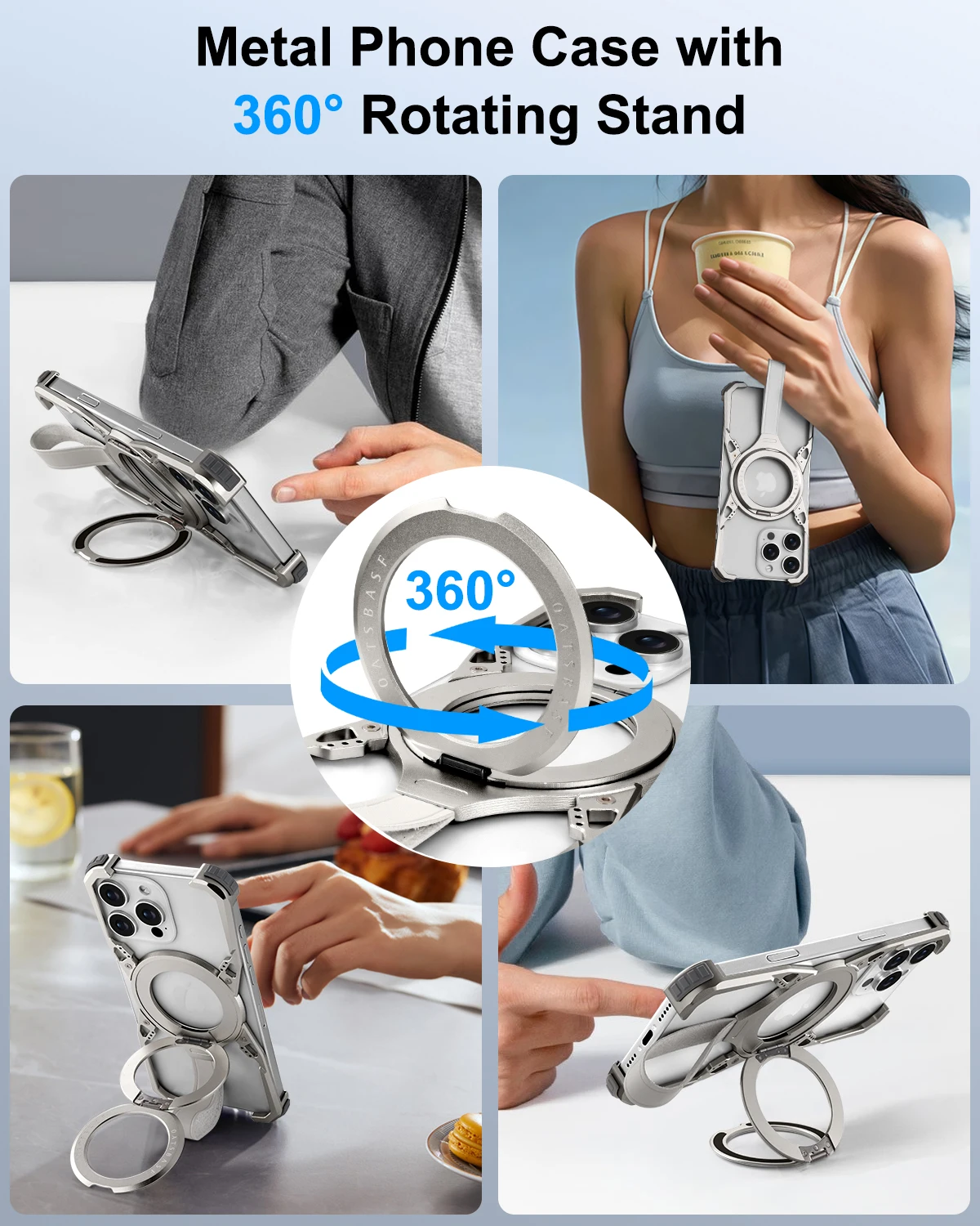 Eary Frameless Phone Case for iPhone 16 Pro Max with MagSafe 360°Rotatable Kickstand with Lanyard Wireless Charging 16 Pro Cover