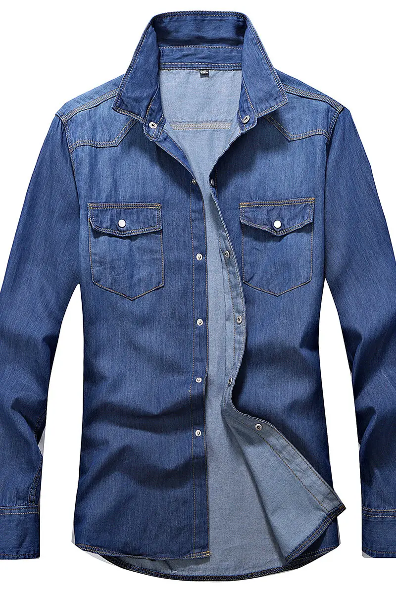 Denim Shirt Long Sleeved Shirt Spring Men Slim Fit Denim Shirts Men Casual Solid Color Long Sleeve Cotton Shirts Male Jeans Shirt Fashion Cowboy Shirt 4XL