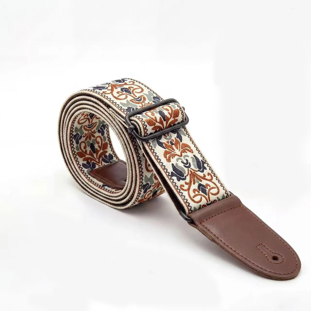 Embroidered Adjustable Guitar Strap with Leather Ends
