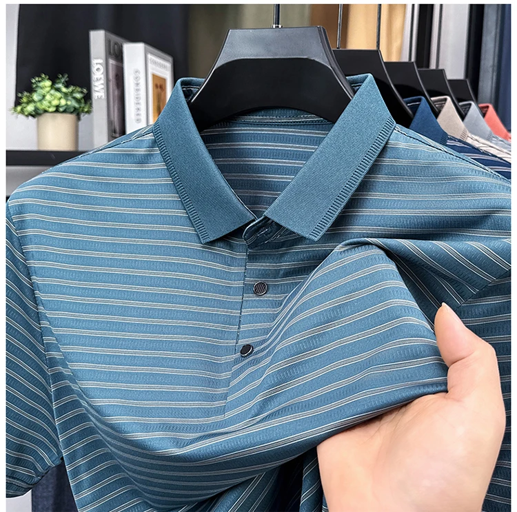 High Quality Summer Men's Business Casual Short Sleeve Comfortable Stripe Lapel Fashion Polo Short Sleeve No Trace T-shirt Top 22 Sbf9472e5e9ac4cbaaf14256c54e30b1bz