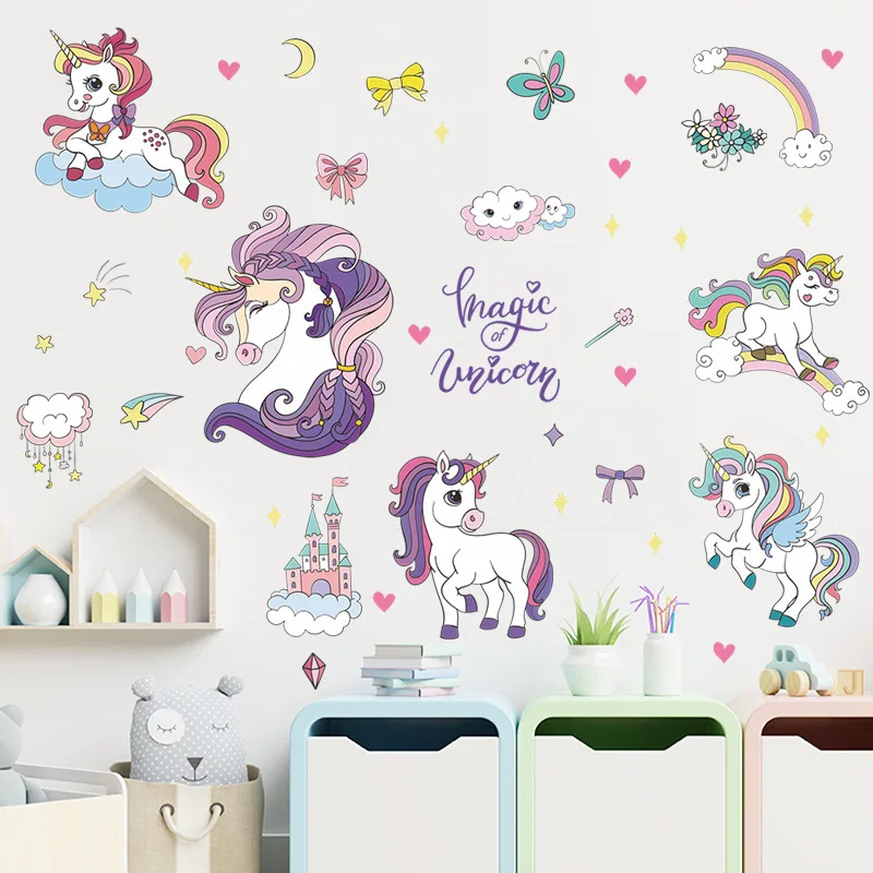 

Cartoon Unicorn Castle Wall Stickers for Kids Room Nursery Children's Bedroom PVC Wall Decoration Removable Decal DIY Home Decor