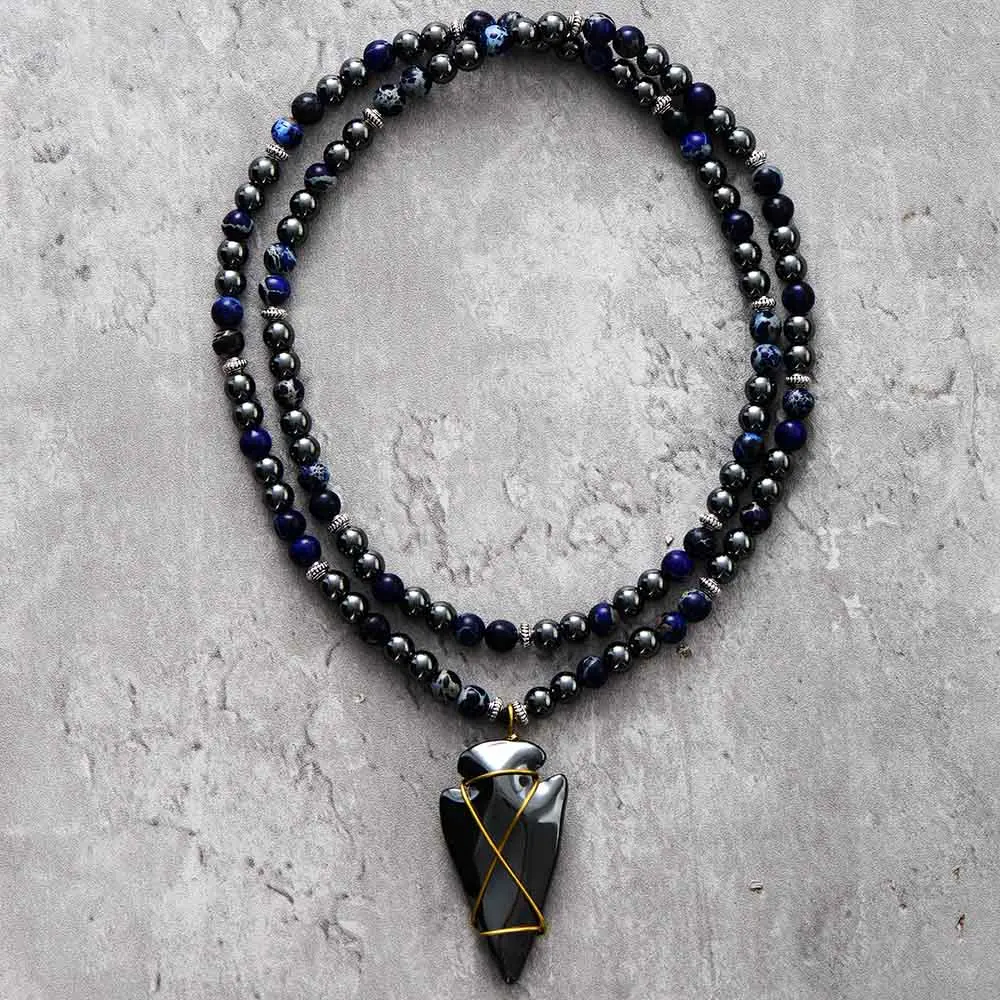 Steampunk Man Beads Necklaces Natural Stones Hematite Arrowhead Pendant Meditation Yoga Couples Lover Necklace