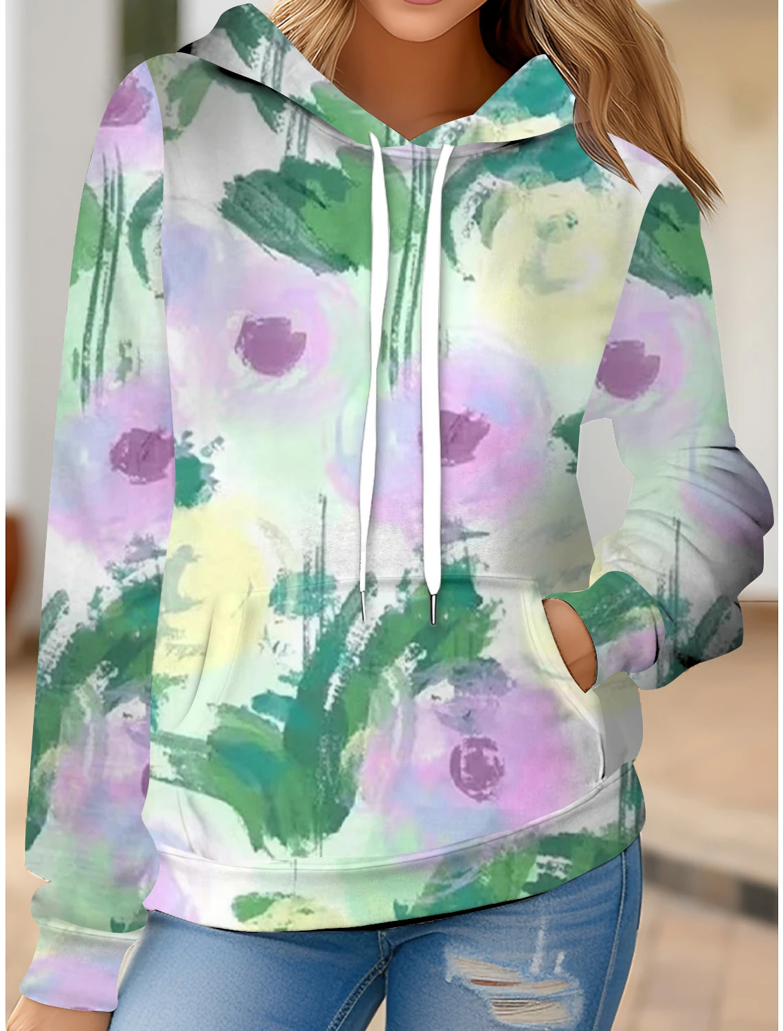 

Women's hooded drawstring sweatshirt, autumn thin top, floral and other multi element printed casual trend hoodie
