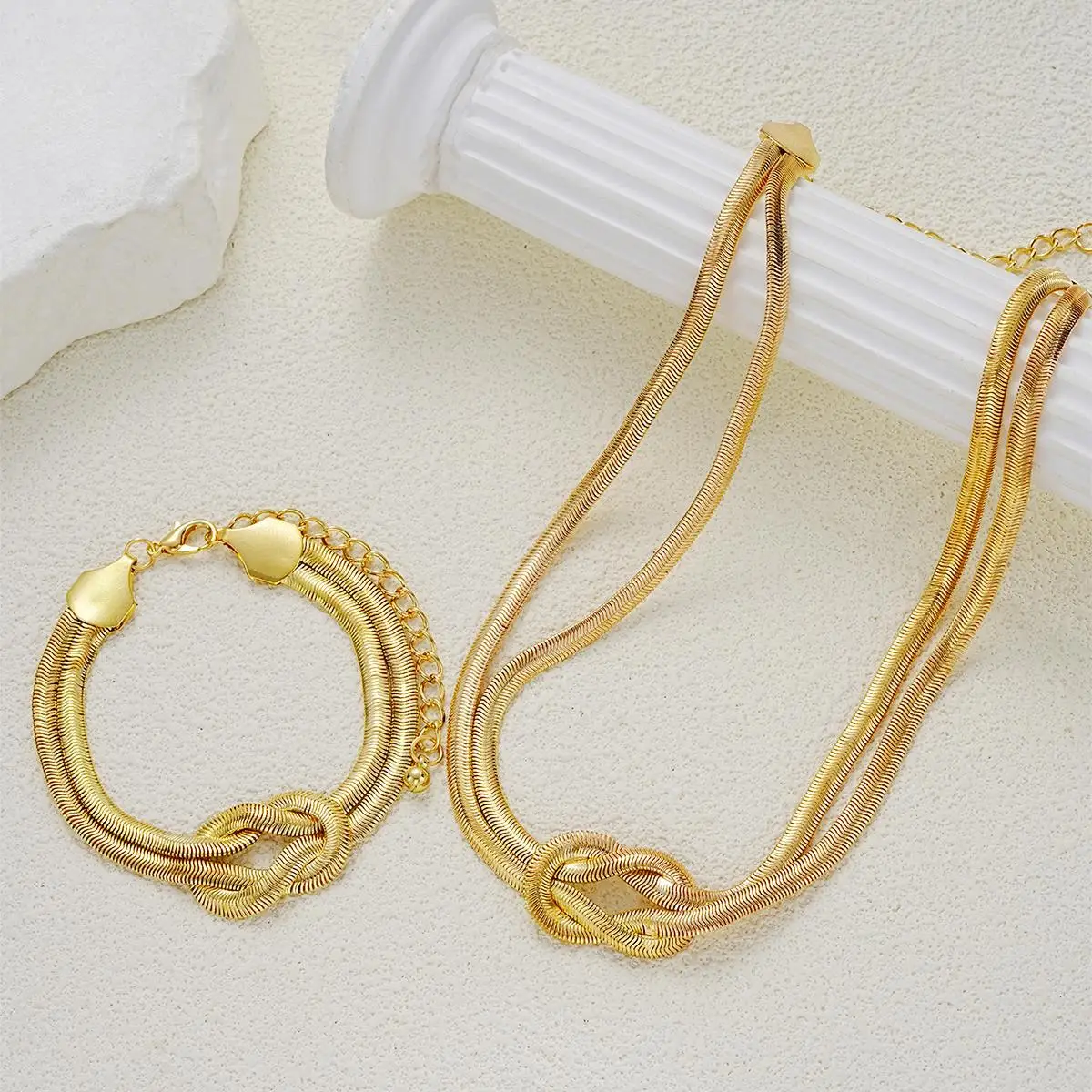 Double Layer Knot Necklace Bracelet Set For Women Gold Color Snake Chain Choker Twisted Chunky Fashion Jewelry Accessories