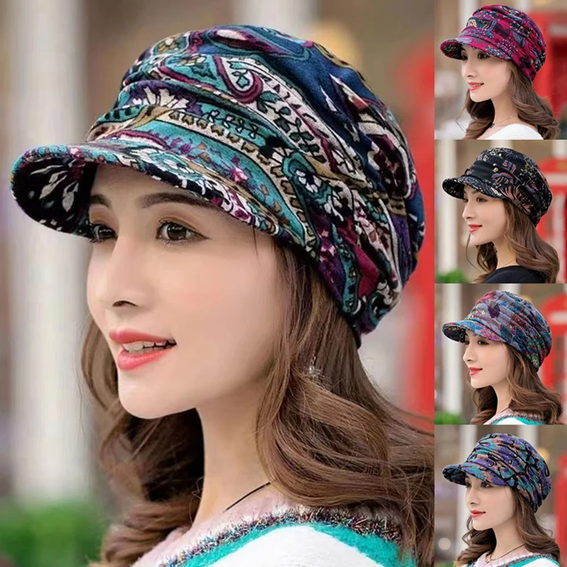 

Women Hat Short Brim Warm Foldable Earflap Women Cap Ethnic Style Floral Print Autumn Winter Hat Daily Clothing Turban Visor