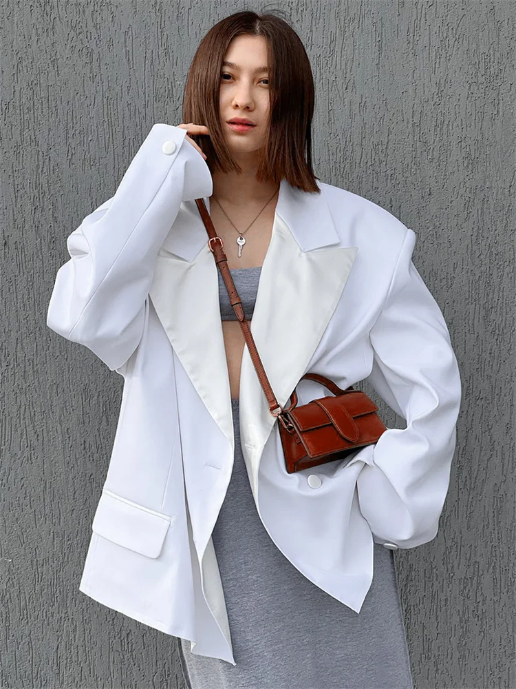 Tossy White Casual Loose Coat Suit For Women Pocket Patchwork Lapel Long Sleeve Streetwear Fashion Elegant Female Outwear 2023