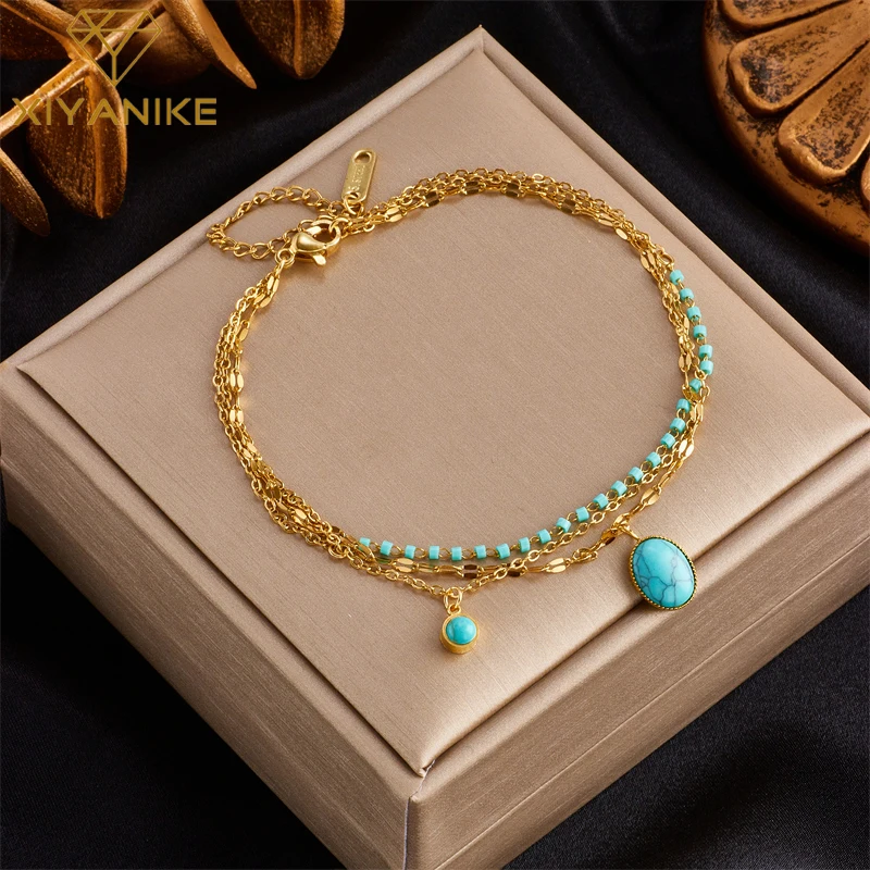 XIYANIKE 316L Stainless Steel Bracelets for Women Gold Color Green Stone Pendant Women Bracelet Bohemian Style Jewelry Wholesale