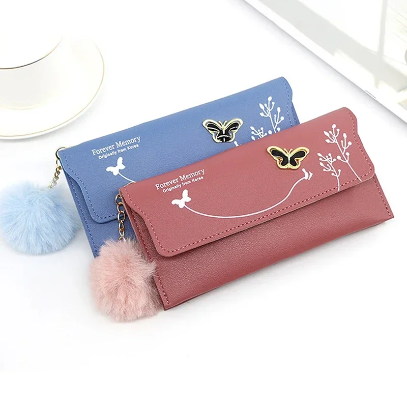 Butterfly Designer Women Long Wallets PU Money Bag Solid Wool Ball Bow Clutch Bag Large Capacity Card Coin Purse
