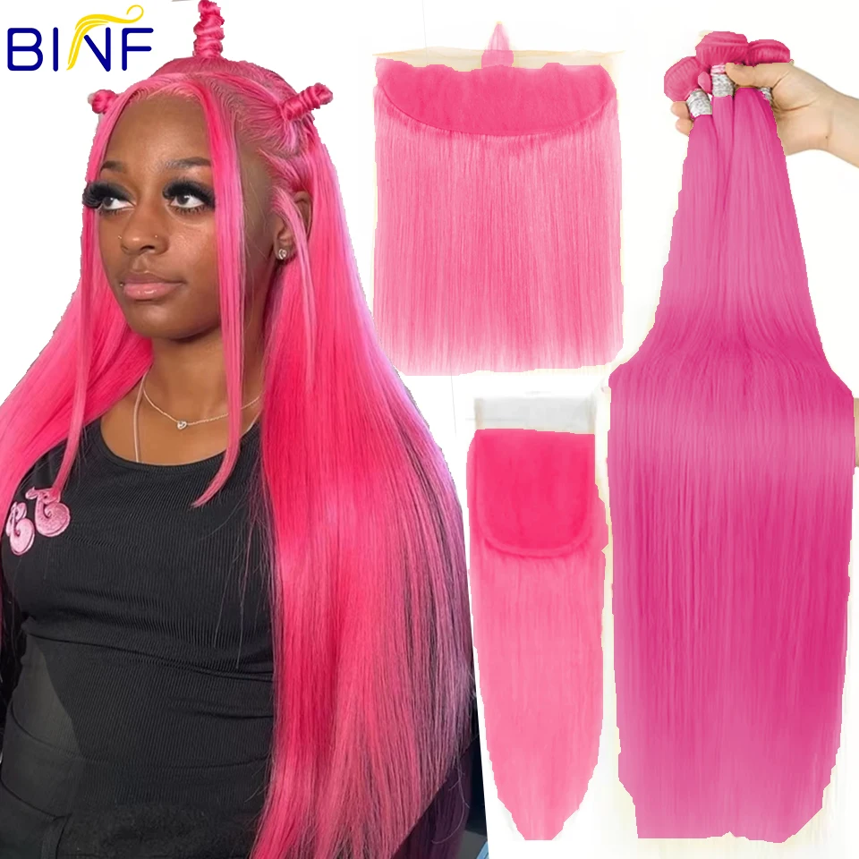 Hot Pink Colored Bone Straight Human Hair Bundles with HD  display picture 3