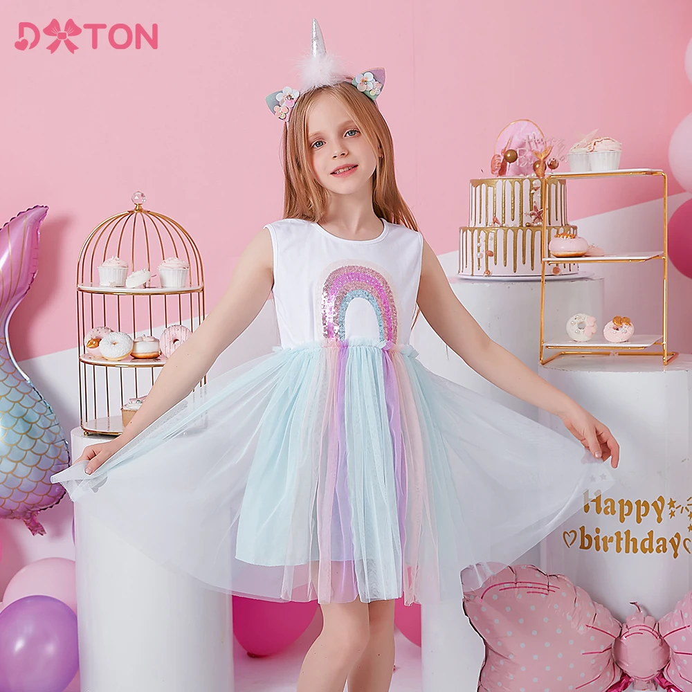 

DXTON Girls Rainbow Sequins Dress Kids Mesh Tulle Princess Elegant Dress Kids O Neck Sleeveless Summer Vestidos Children Clothes