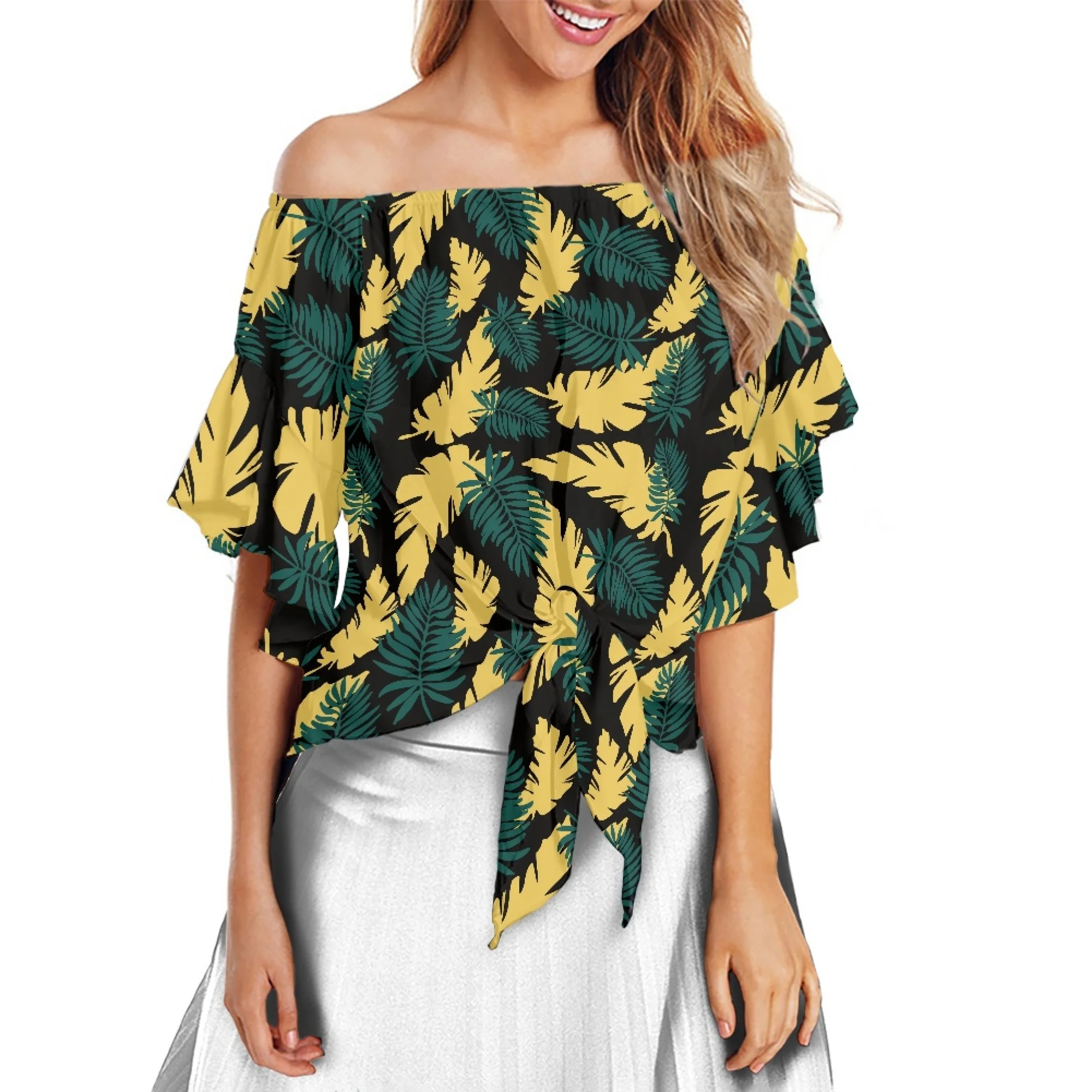 

Polynesian Off-The-Shoulder Design Ladies Fashion Elegant Lotus Leaf Sleeve Top Loose Comfortable Hawaiian Style Home Dress