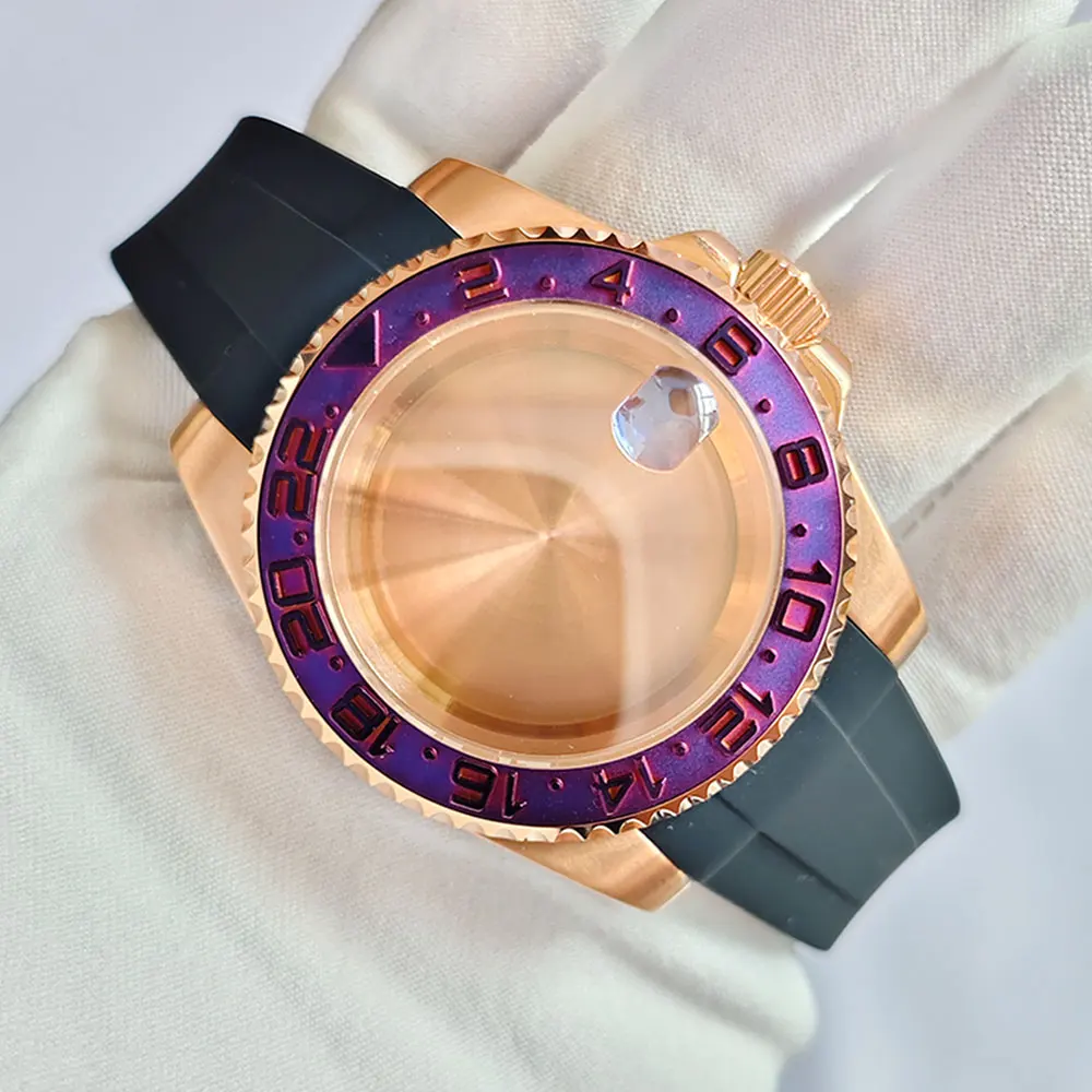 Rose Gold 40mm GMT SUB Watch Case with Silicone Strap and Sapphire Glass