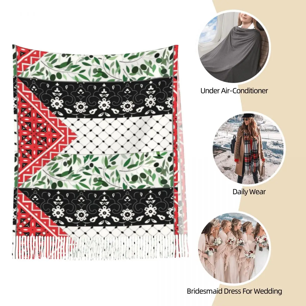 Women's Scarf with Tassel Palestinian Flag Olives And Keffiyeh Long Winter Warm Shawl and Wrap Gifts Pashmina Scarves