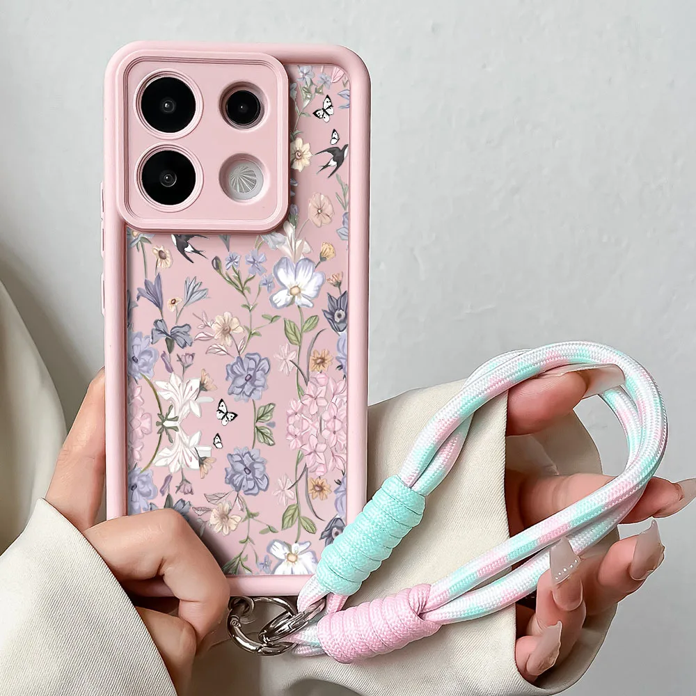 Whimsical Bird and Butterfly Floral Phone Case with Wrist Strap Lanyard