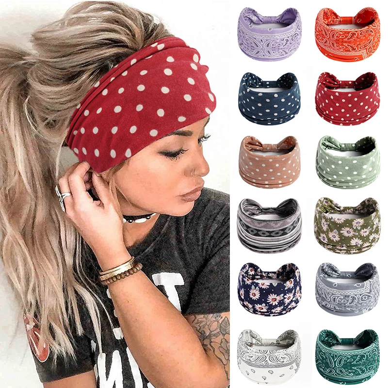 

Boho Knot Turbans Yoga Elastic Head Wrap Women Headband Wide Hairbands Headwear Floral Bandanas Fashion Hair Band Accessories