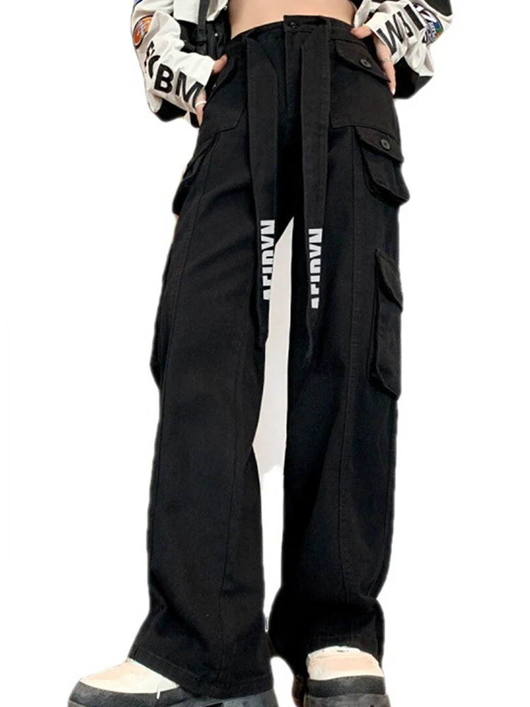 

Kalevest Y2K High Street Cargo Pants Black Vintage Women Pants Cyber High Waist Lace Up Pants Rave Outfits Pockets Pantalones