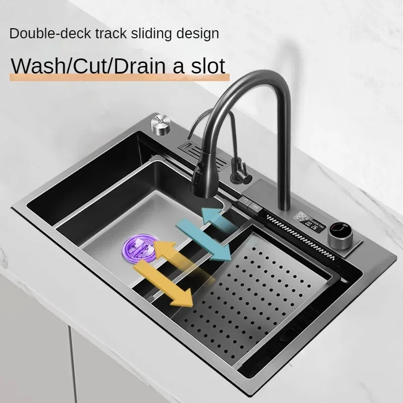 Kitchen Sink Honeycomb Embossed Digital Display Flying Rain Large Single Slot Knife Holder Stainless Steel Dish Washing Basin