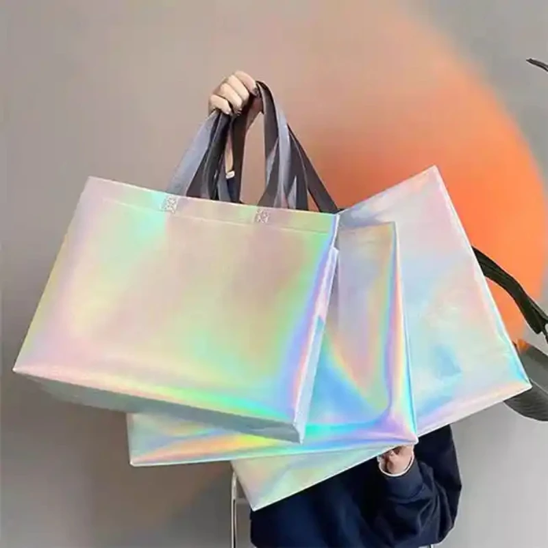 500pcs Large Capacity Holographic Packaging Laser Metallic Laminated Non-Woven PP Non Woven Shopping Tote Bags with
