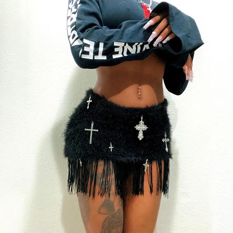 Fashion Cross Printed Tassel Furry Skirts Women Summer Hot Girls Sexy High Waist Hip Wrapped Y2k Mini Bottoms Hipster Streetwear men knitted sweater japanese style harajuku printed graphic sweaters casual cotton streetwear sweaters pullovers hip hop hipster