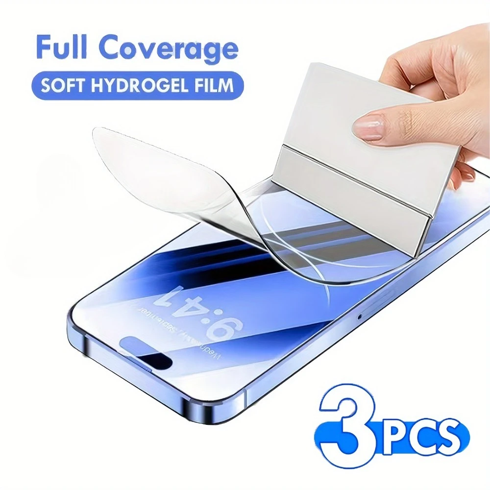 3 יחידות פילם הידרוג'ל כיסוי מלא עבור iPhone 16 15 14 Pro Max 16 15 Plus מגן מסך עבור iPhone 16e 13 12 11 Pro Max X XR XS