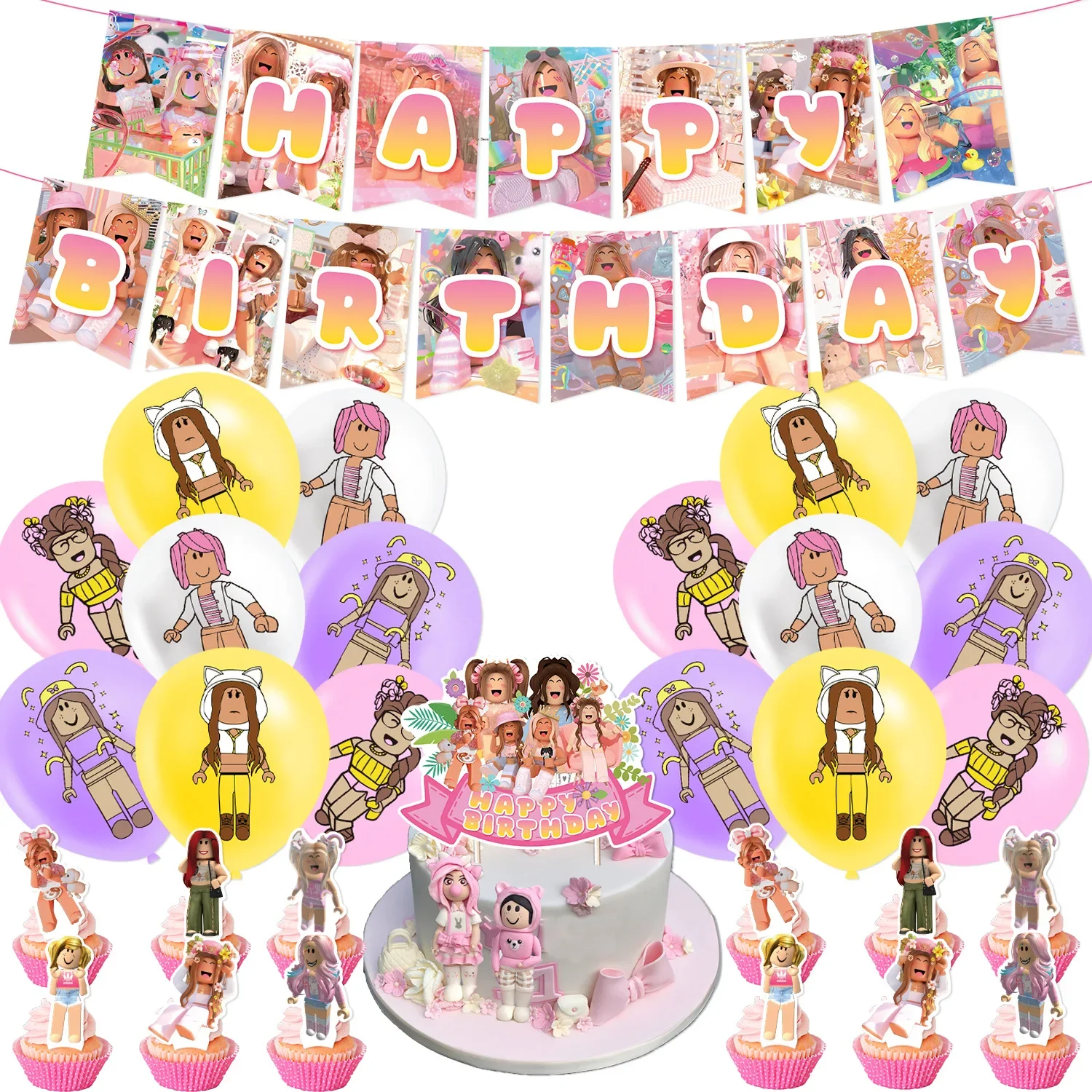 Мультяшные розовые игрушки с изображением животных, аксессуары для детей, баннер на день рождения, латексные воздушные шары, украшения для торта, детские игрушки, подарок