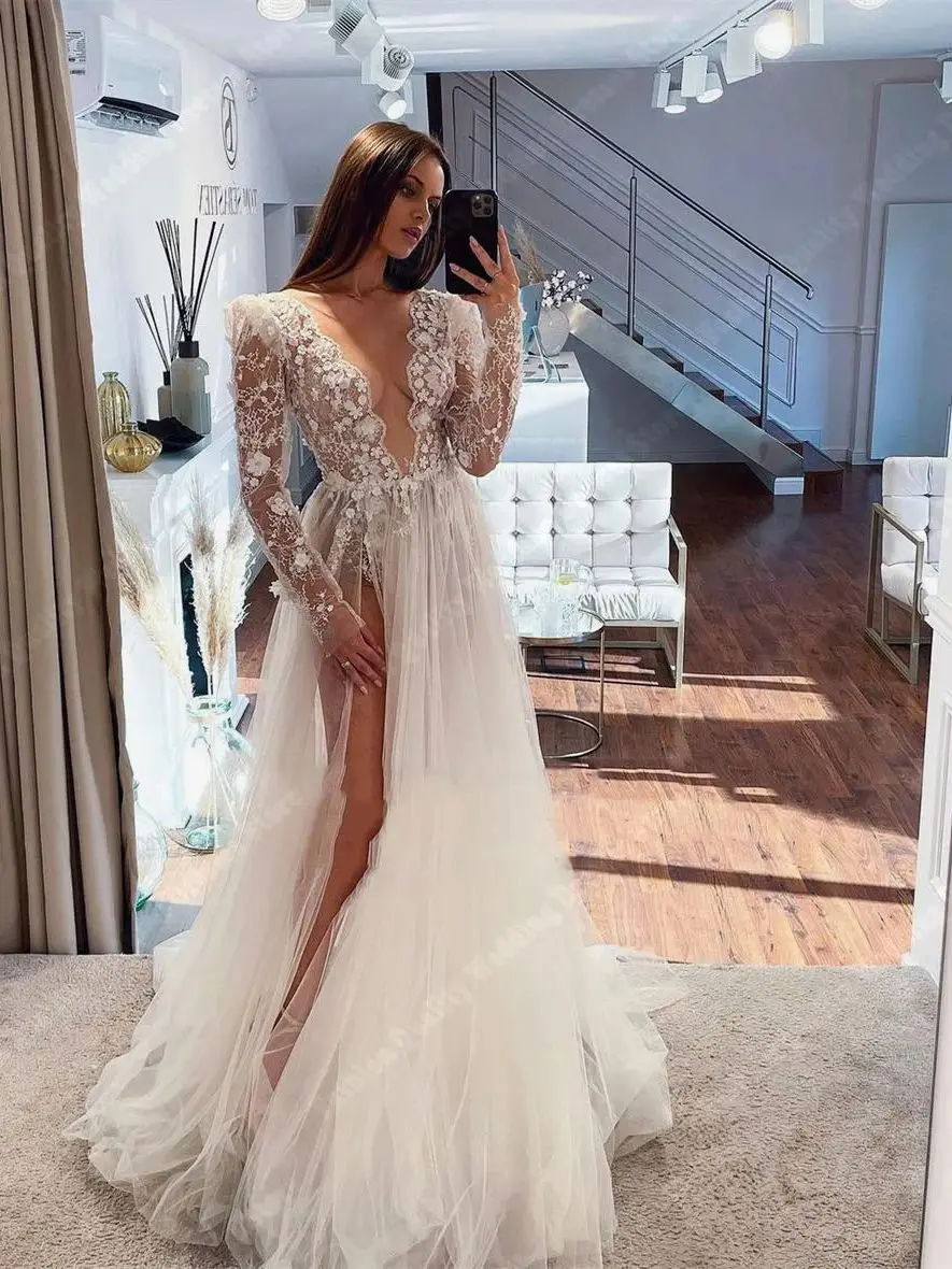 V-Neck Long Sleeves A-Line Tulle Wedding Dresses High Fork Women Bridal Gowns 2024 Mopping Length Vestidos De Novias Customized 3