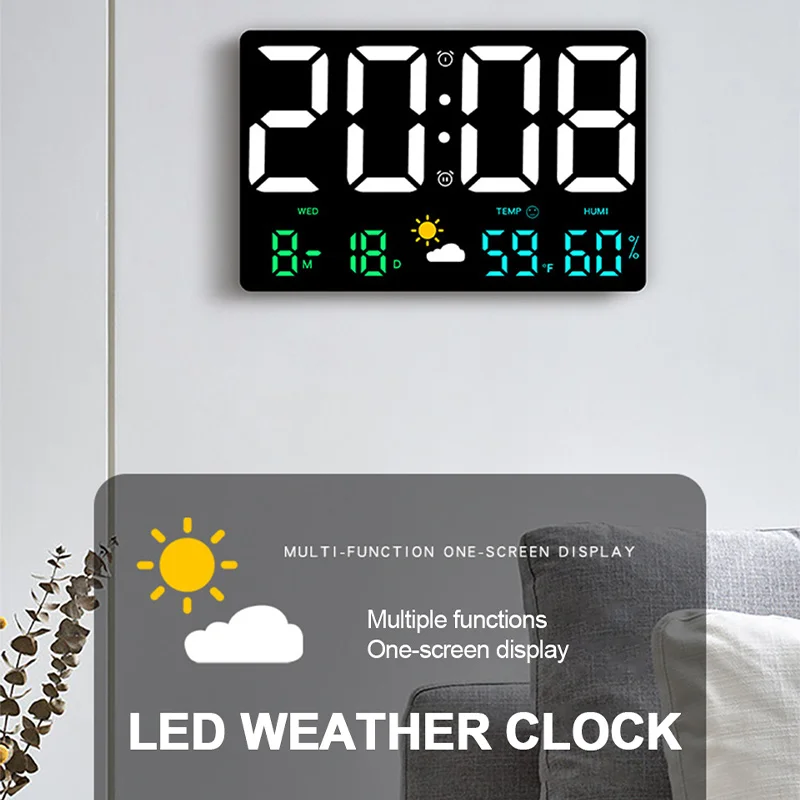 

Rectangle Large LED Digital Wall Clock Temperature Humidity Date Week Display Adjustable Brightness Living Room Alarms Clocks