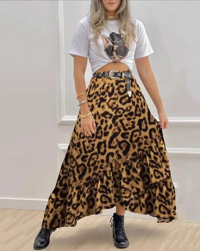 

Ladies 2 piece with skirt short sleeve top & puffles slit cheetah print skirt set summer 2022 women fashion two piece set