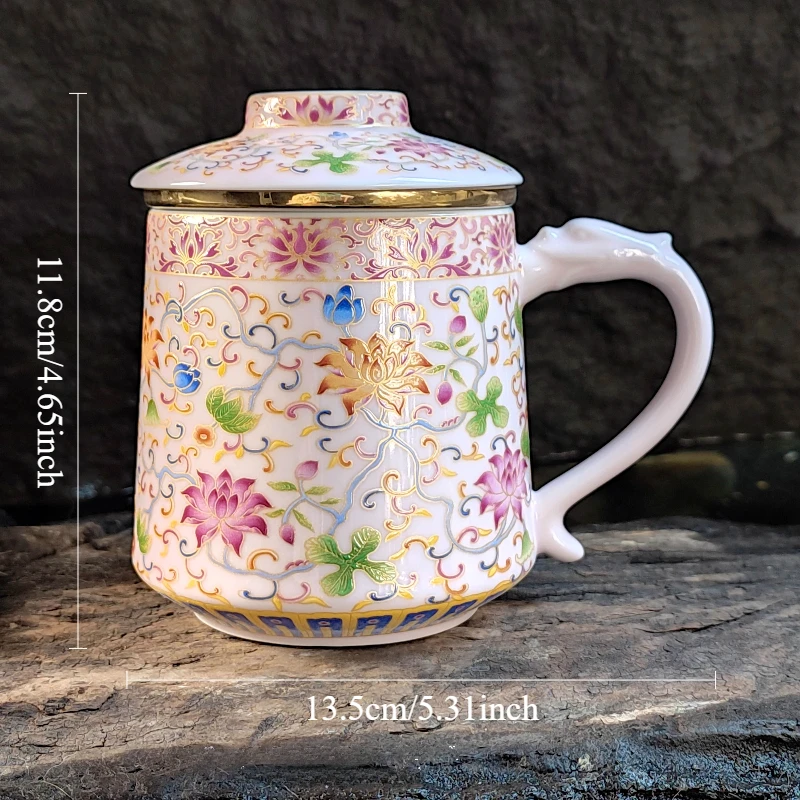 400ml Pink Ceramic Tea Cup Enamel Ribbon Filter Cup High End Household Mug with Lid Jasmine Tea and Green Tea Set Accessories
