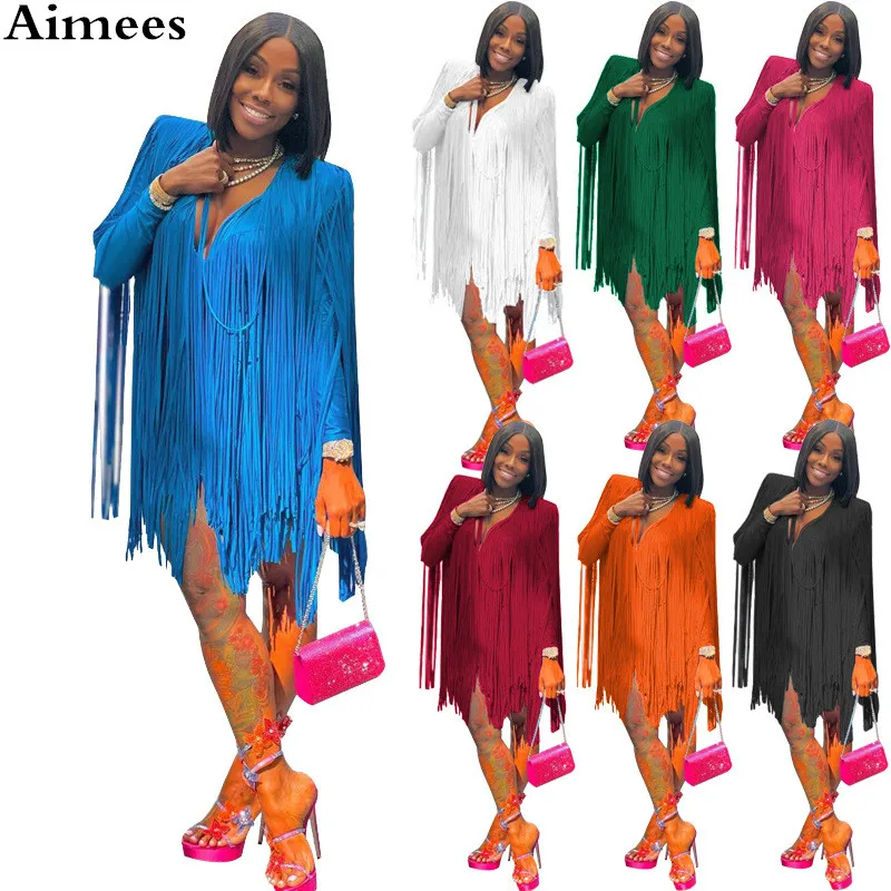 

Autumn Newest Fashion Woman Woman Tassels Party Dress Sexy Deep V Neck Long Sleeves Club Elegant Short Dresses Evening Gowns
