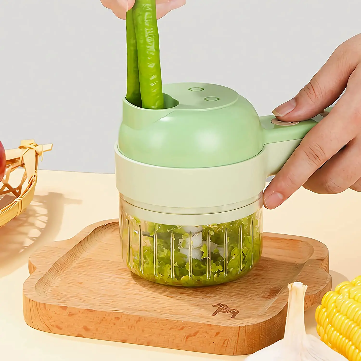 Portable and Manual Vegetable Chopper - Round, Compact, Green