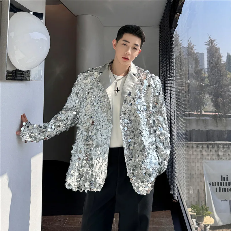 

Korean Men's Sequins Blazer Glitters Bling Suit Jackets Singer Stage Shiny Clothing Black Silver Oversize Party Suit Coat Man