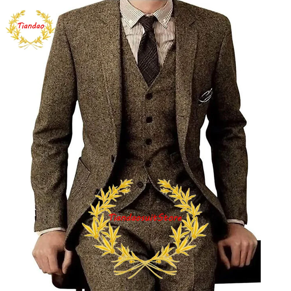 Men's 3 Piece Wool Suit Herringbone Jacket Pants Vest Slim Fit Business Outfit