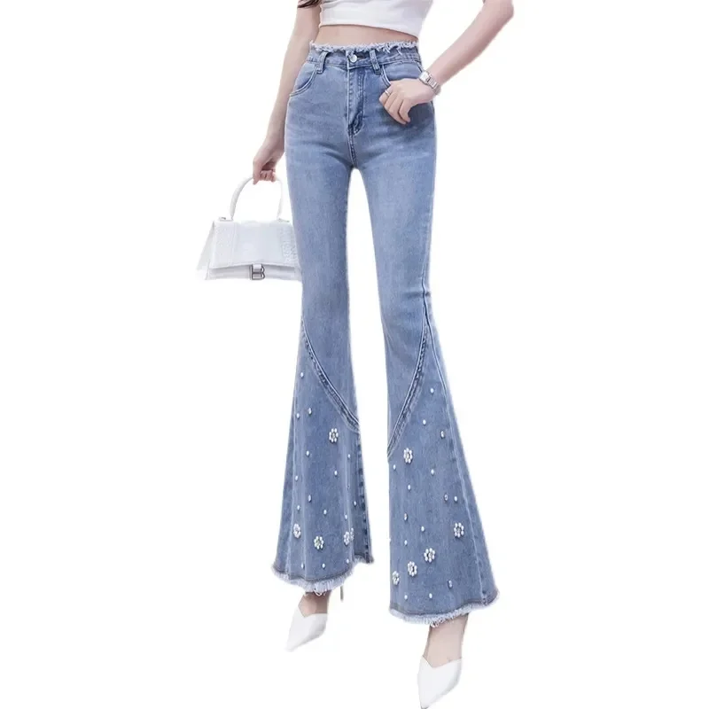 Jeans Women's Flared Trousers 2022 Spring And Summer High Waist Show Thin Raw Edge Female Nine-Point Flared Pants Drape Casual W