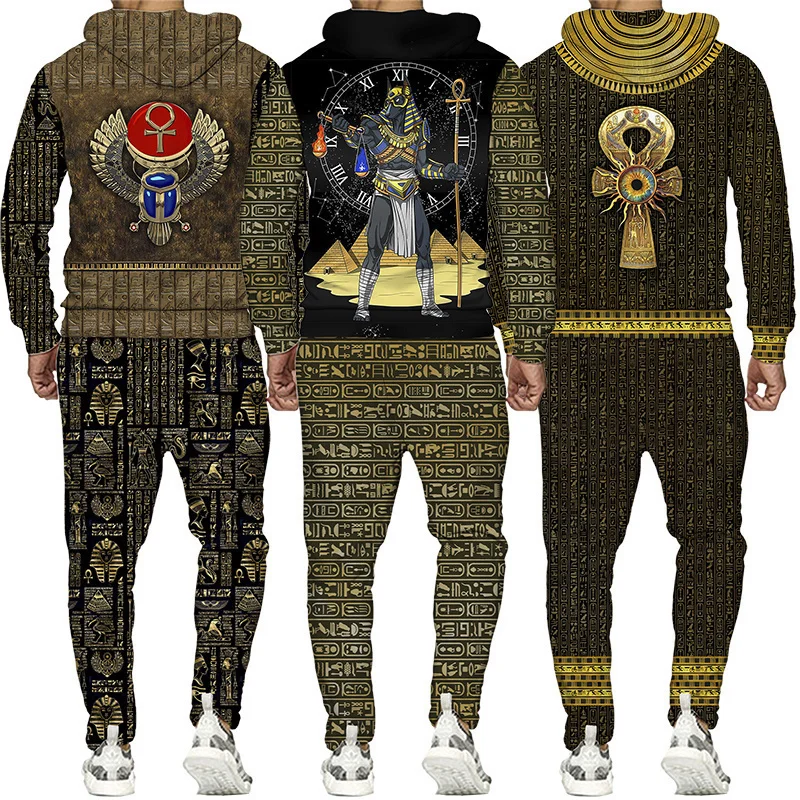S-6XL Mărime mare 3D Jachetă pentru bărbați cu imprimeu egiptean Hanorac cu pantaloni Set Trening pentru bărbați Iarnă și toamnă Sport Umăr bărbătesc_voghion.com