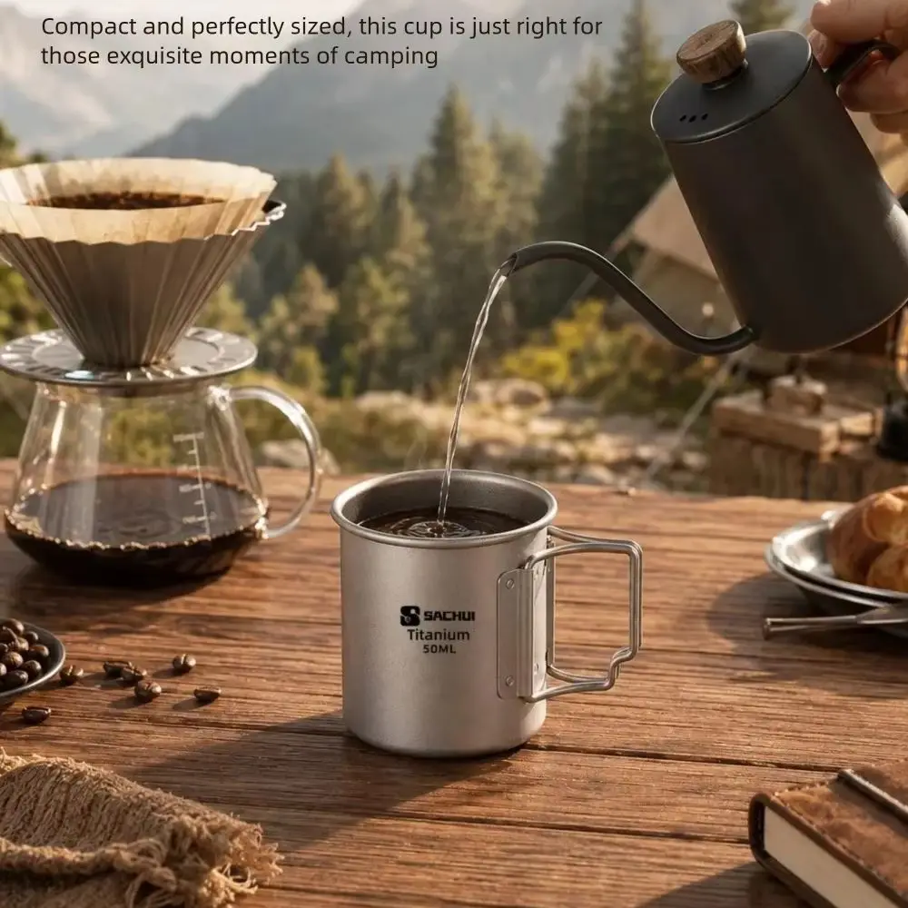 Compact 50ml Ultralight Titanium Outdoor Mug with Foldable Handle