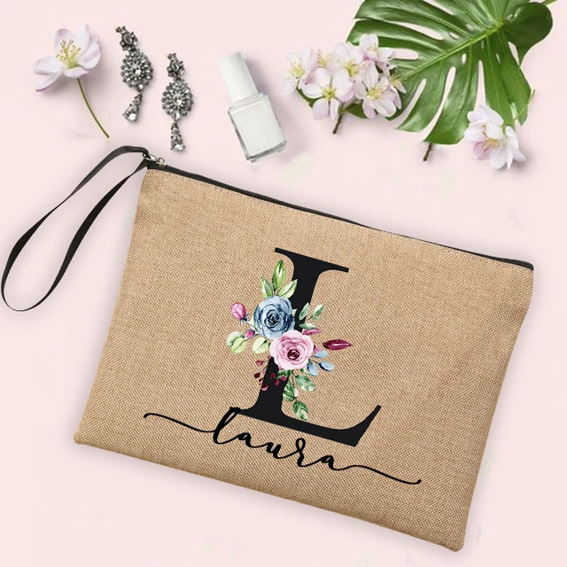 Flower Initial Letter Custom Name Cosmetic Bag Women Neceser Makeup Bag Linen Zipper Pouch Travel Toiletry Organizer Mujer Bolsa 3