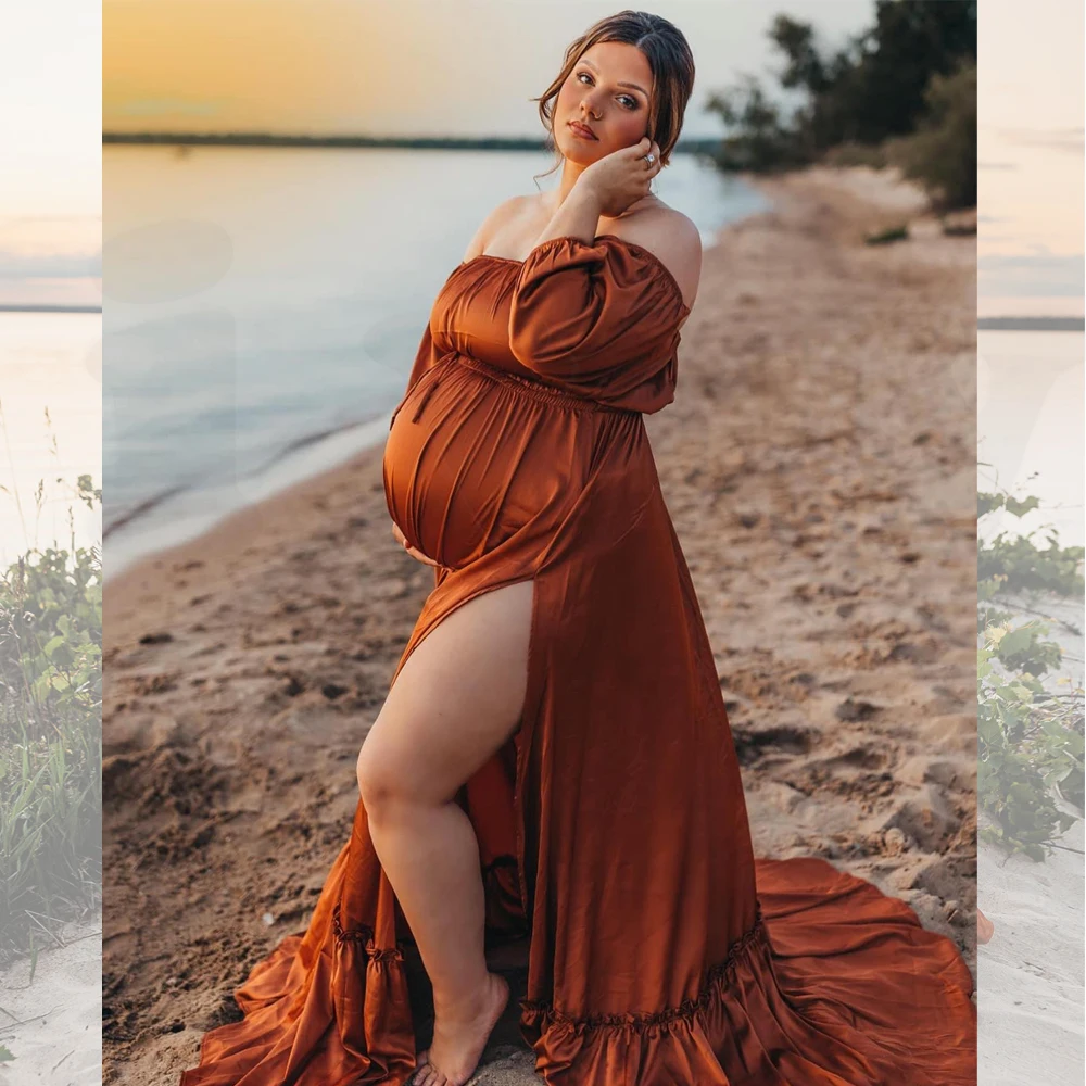 Vestido de maternidade elegante para filmagem, fora do ombro, lado