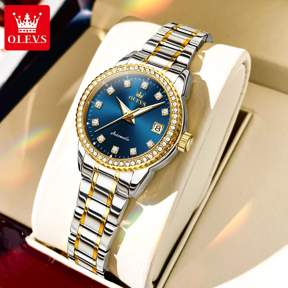 OLEVS 2024 New Luxury Diamond Dial Mechanical Watch for Women Fashion Elegant Ladies Dress Bracelet Automatic Wristwatches Women