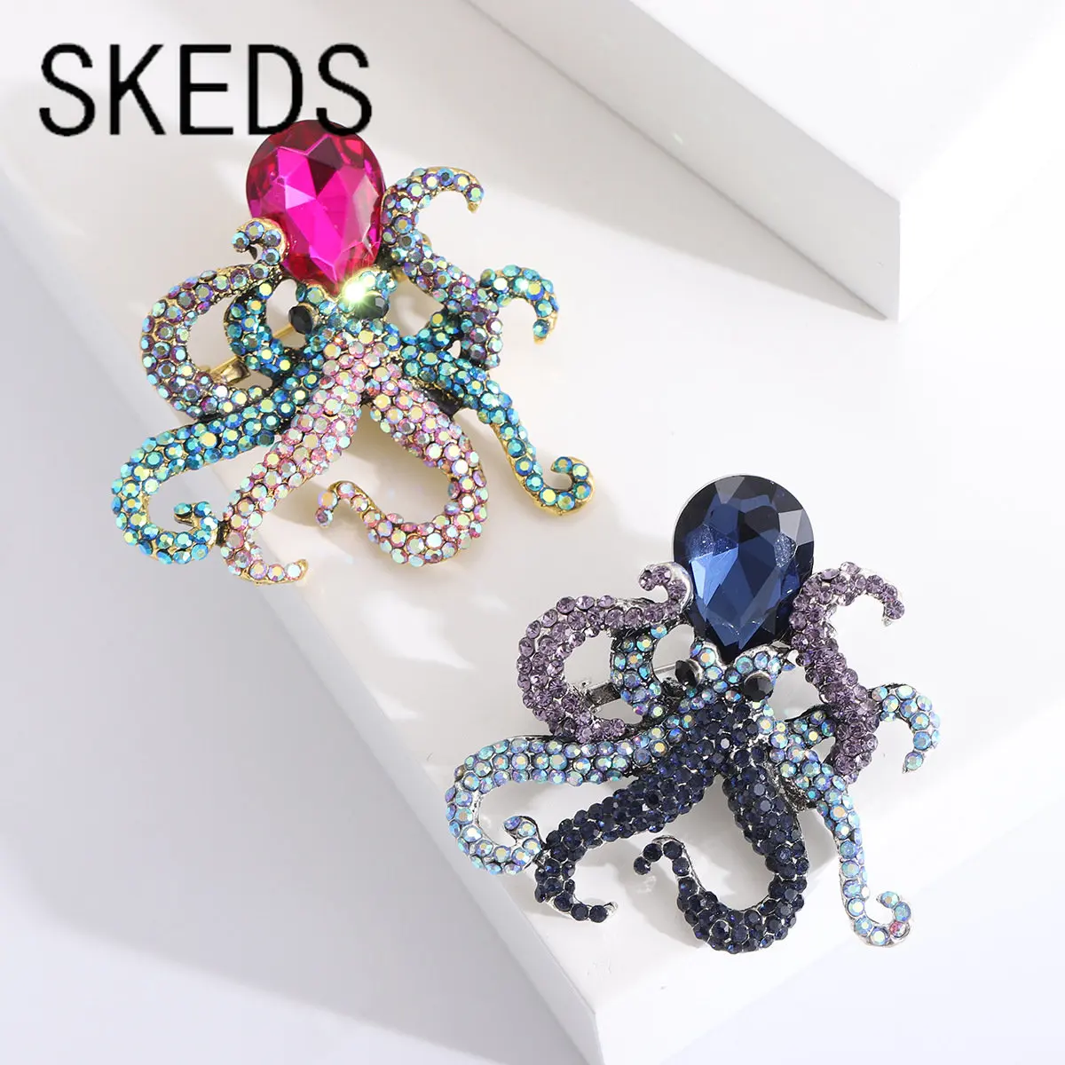 

SKEDS Fashion Delicate Luxury Octopus Colorful Rhinestone Pins Brooches For Women Lady Exquisite Crystal Sea Aniaml Badges Pin