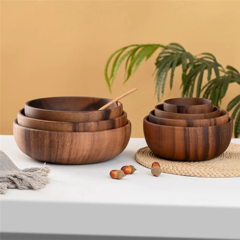 Wooden Salad Bowl Round Dessert Displays Serving Trays Fruit Food Salads Snack Soup Bowl For Home Coffee Shop