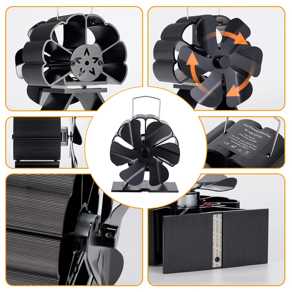 6 Blades Heat Powered Stove Fan Black Fireplace komin Log Wood Burner Eco Friendly Quiet Fan Home Efficient Heat Distribution