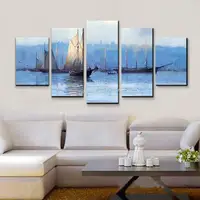 Mintura,5 PCS,Hand-Painted Blue Ocean White Sailing Boat Oil Painting On Canvas,Modern Wall Art Picture For Room Home Decoration 5