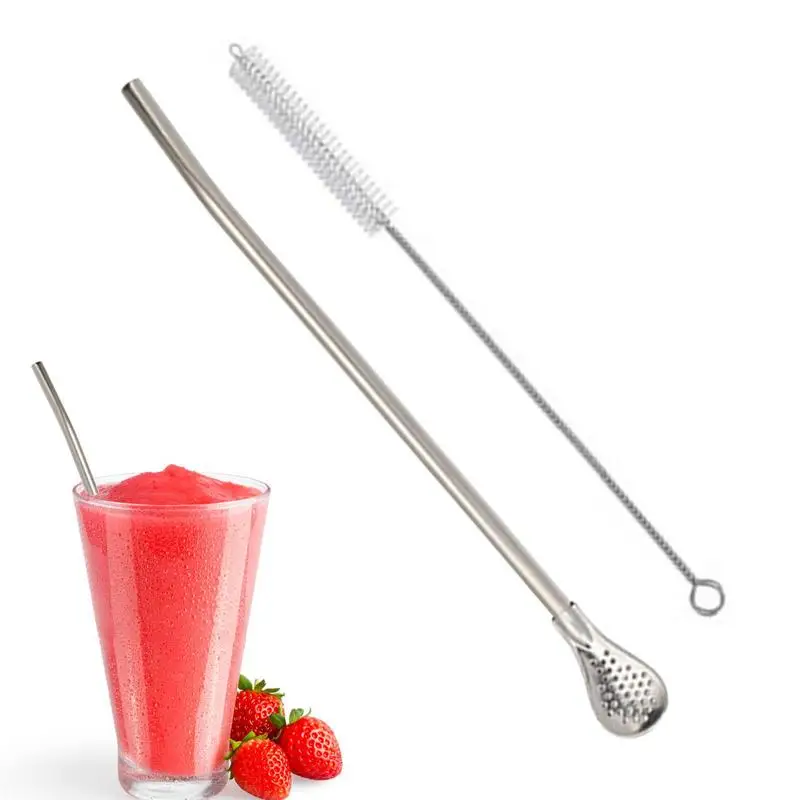 Removable Stainless Steel Straw Filter Spoon with Cleaning Brush Reusable Metal Straw Spoon Cocktail Stirrer for Drinking Tea