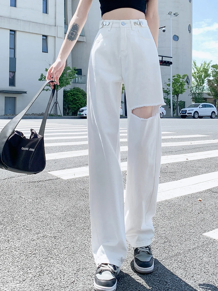 Yitimoky Ripped Vintage Woman's Distressed Jeans Streetwear Hole Hip Hop Spring 2022 High Waist  Mon Full length Wide Leg Pants maternity jeans Jeans
